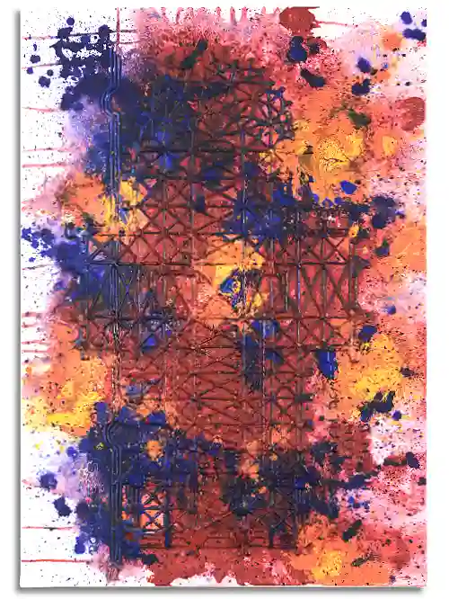 Color Fog: Wolken aus Pink, Orange und Blau überlagern das dunkle, geometrische Liniennetz.