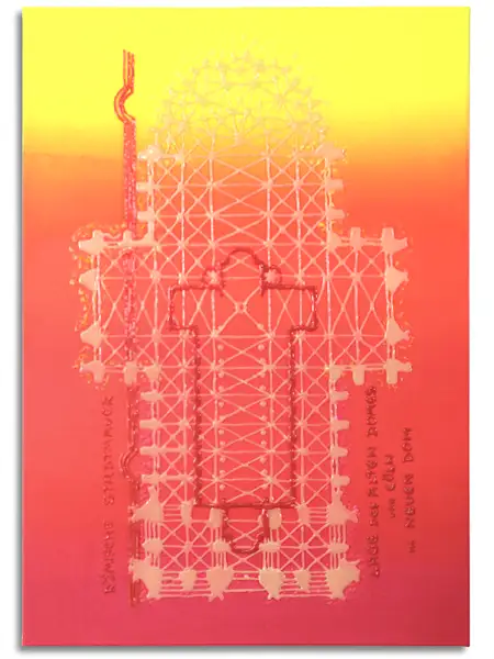 Neonescent: Ein geometrisches Netz leuchtet in Neonpink, Türkis und Blau vor tiefem Schwarz.