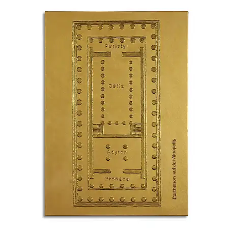 Parthenon – Grundriss: Ein goldfarbenes Relief übersetzt den rechteckigen antiken Tempelgrundriss in eine klare Bildordnung.
