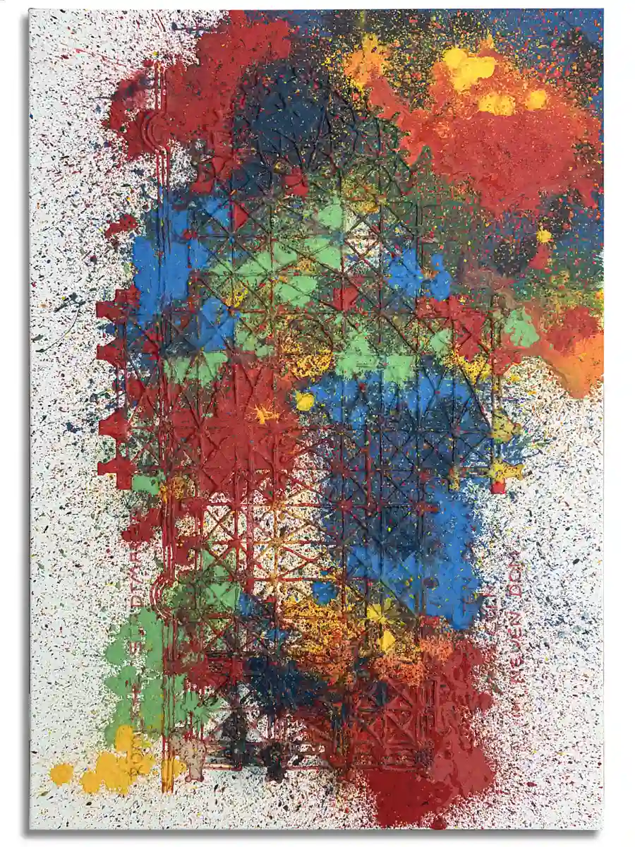 Sprinkles – Farbspritzer: Ein vielschichtiges Feld aus Rot, Blau, Grün und Gelb, dessen Farbspritzer den dunklen Grundriss des Kölner Doms überlagern.